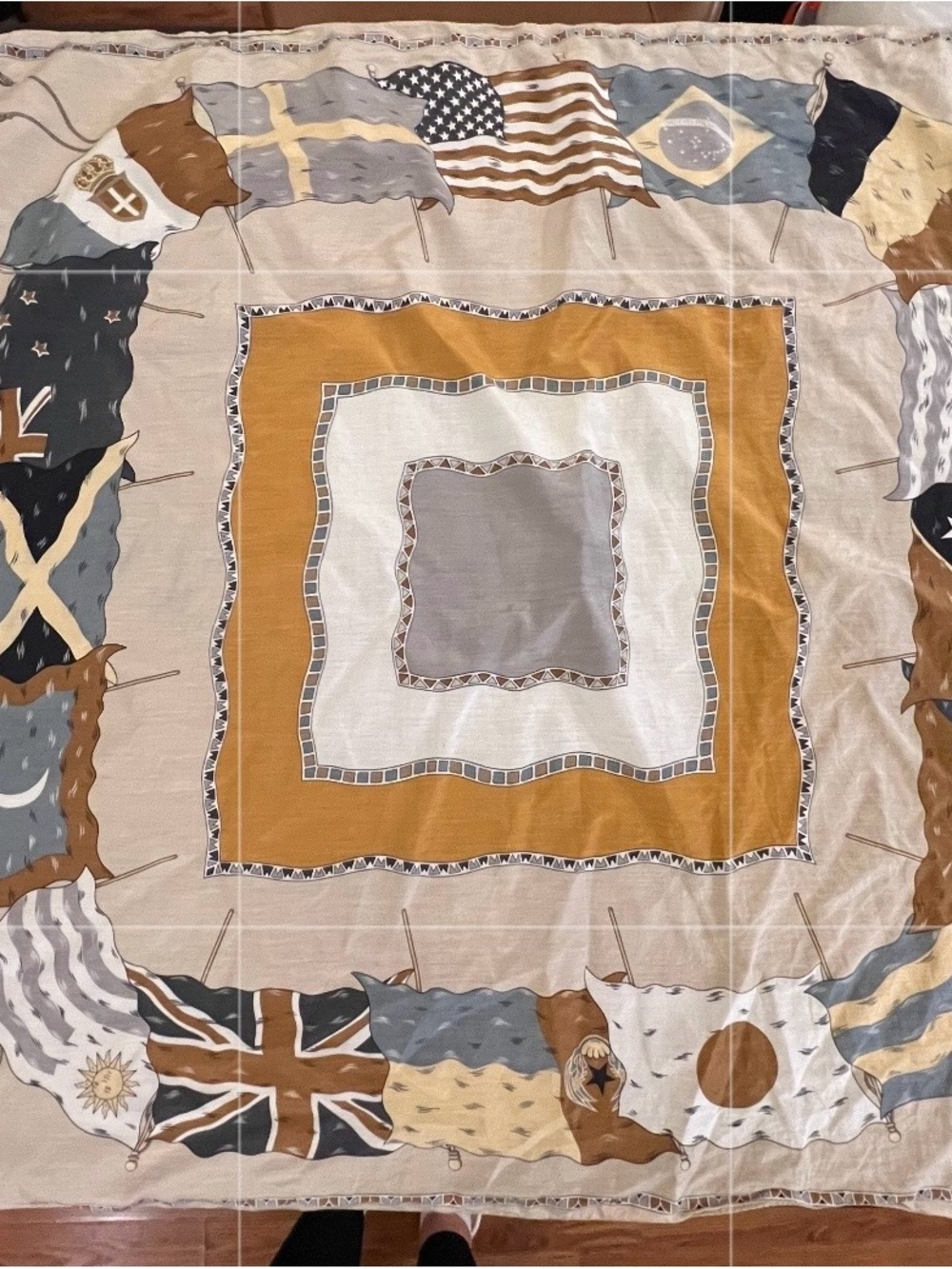Perry Ellis Neutral Flag Patchwork Print Silk Scarf - Beige, Mustard, Gray, Navy
